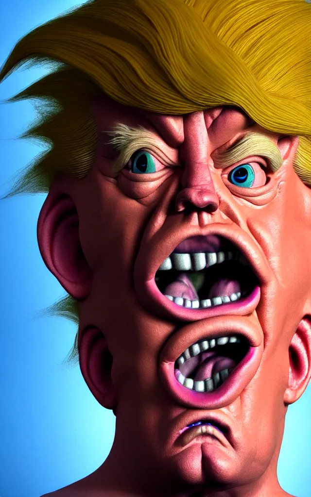 Prompt: hyperrealistic mixed media painting of Donald Trump as a Troll doll, stunning 3d render inspired art by P. Craig Russell and Barry Windsor-Smith + perfect facial symmetry + dim volumetric lighting, head and shoulders, serious expression, 8k octane beautifully detailed render, post-processing, extremely hyperdetailed, intricate, epic composition, grim yet sparkling atmosphere, cinematic lighting + masterpiece, trending on artstation, very detailed, masterpiece, stunning