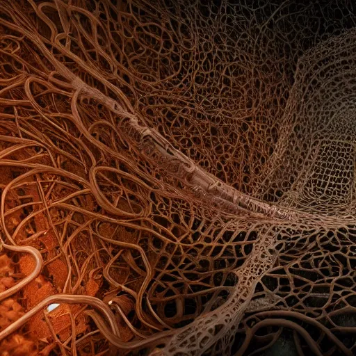 Prompt: biocomputer human organ inside a bio - neural network made like antique lace, in a biomechanical cave forest, environment, matte painting, diffused lighting, highly detailed cinematic, atmosphere, diffused lighting, highly detailed digital art, trending on artstation, depth of field, wide angle