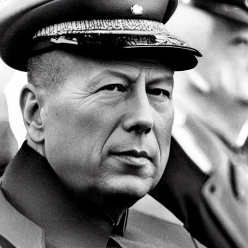 Prompt: Bruce Willis as Mao Zedong, leader of China. He is dressed like a military dictator, and is in a conference with Soviet Leaders in Siberia.