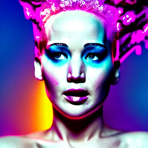 Prompt: excited jennifer lawrence as the bride of frankenstein, macro photography, glowing retinas, vaporwave, fuscia cyan yellow white powder on face, national geographic