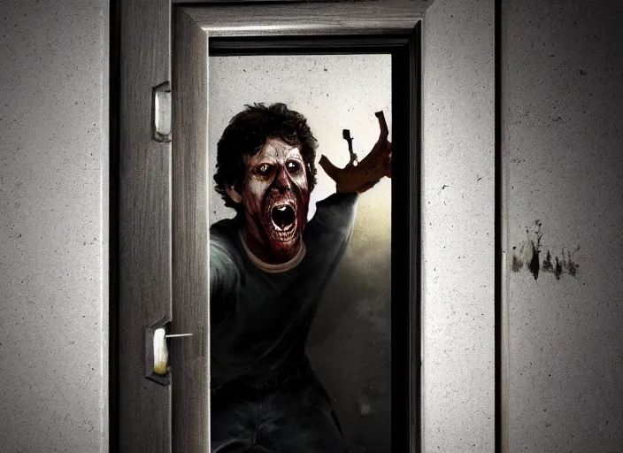 Image similar to todd howard screaming breaking down door, horror, intense