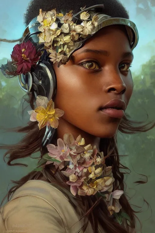 Image similar to ultra realistic illustration, swahili girl with flowers blossoming from helmet, elegant, highly detailed, digital painting, concept art, smooth, sharp focus, illustration, art by artgerm and greg rutkowski and alphonse mucha
