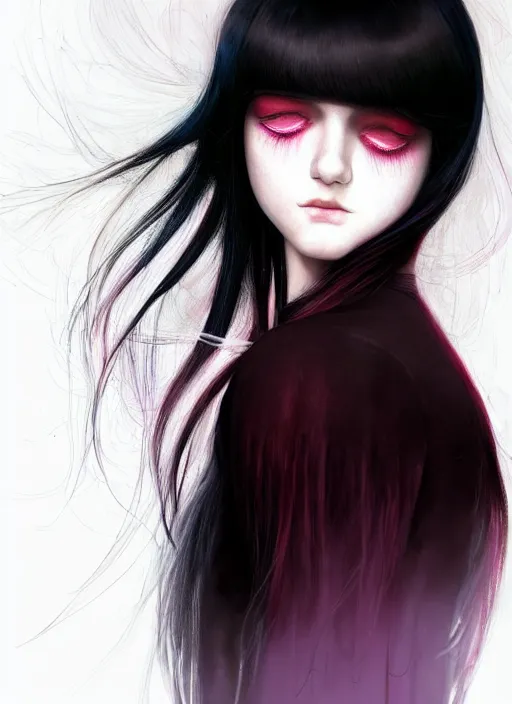 Image similar to hair blackbangs hair, white hair, blackbangswhitehair, portrait of teenage girl with black bangs, red irises, purple clothes, black bangs, bangs are white hair is black, intricate, elegant, glowing lights, highly detailed, digital painting, artstation, concept art, sharp focus, illustration, art by wlop, mars ravelo and greg rutkowski