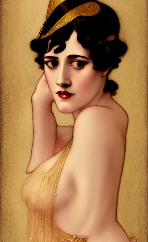 Image similar to portrait en buste flapper girl eva green, vesper lynd, vannessa ives, traditional corsican, intricate, highly detailed, artstation, illustration, jurgens, rutkowski, bouguereau, mucha, roaring 20s, 1920s gaudy color