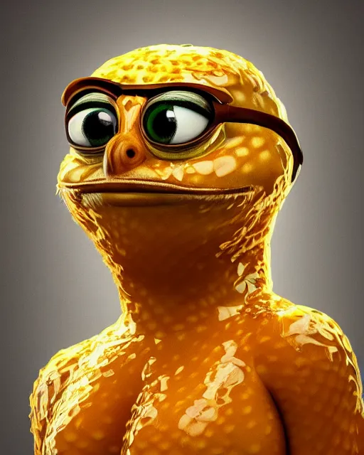 Image similar to beautiful pepe as honey, made of honey, wearing honey - themed miniskirt, award winning creature portrait photography, extremely detailed, artstation, 8 k, sensual lighting, incredible art, wlop, artgerm, backlit, rim lighting, hi - fructose