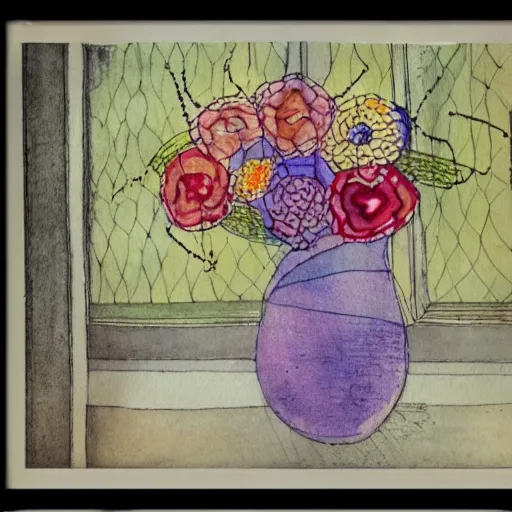 Image similar to a fancy vase with a colorful and beautiful flower arrangement by the close window. very stylize and delicate watercolor and pen drawing on old newspaper. klee and da vinci style. colors splashes. stains. view from far.