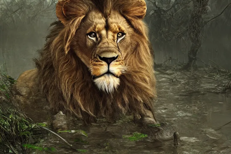 Prompt: CROSS HYBRID between lion and SNAKE roaming the swamps, cinematic, digital art, photorealistic, artstation