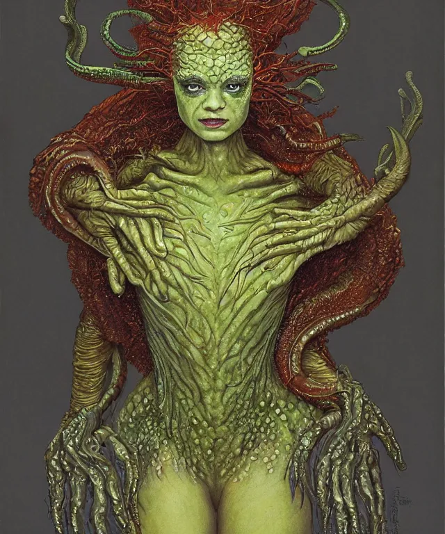 Prompt: portrait photograph of a fierce sadie sink as an alien harpy queen with slimy amphibian skin. she is trying on bulbous slimy organic membrane fetish fashion and transforming into a fiery succubus amphibian villian medusa frog. by donato giancola, walton ford, ernst haeckel, brian froud, hr giger. 8 k, cgsociety