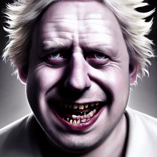 Image similar to Boris Johnson as a kind smiling Rick Sanchez from Rick and Morty, unibrow, white robe, big eyes, realistic cosplay, symmetrical, highly detailed, digital painting, artstation, concept art, smooth, sharp focus, illustration, cinematic lighting, art by artgerm and greg rutkowski and alphonse mucha