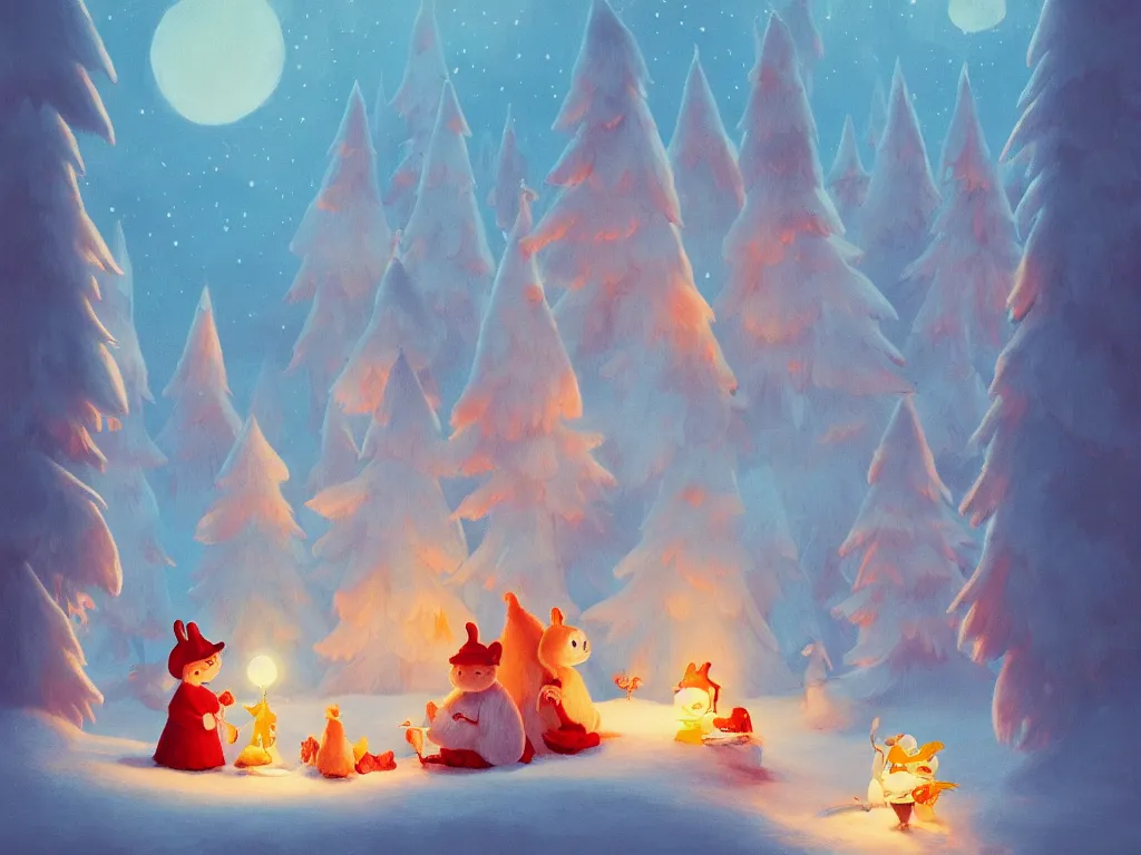 Prompt: moomins in a magic space wonderland, looking cute, illustration, warm colors, fluffy, cozy, hyperrealistic, low light, volumetric light, smooth, trending on artstation