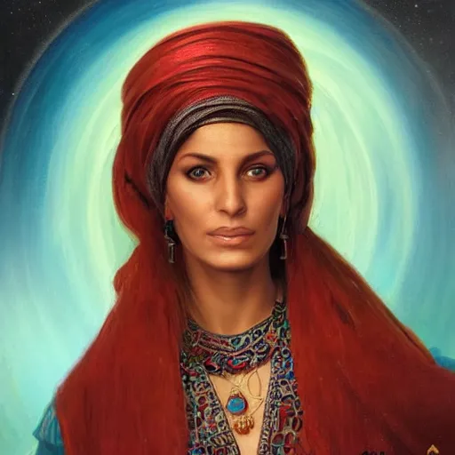 Prompt: portrait of a tunesian woman ( 3 5 ) from tunesia in 2 0 2 1, an oil painting by ross tran and thomas kincade