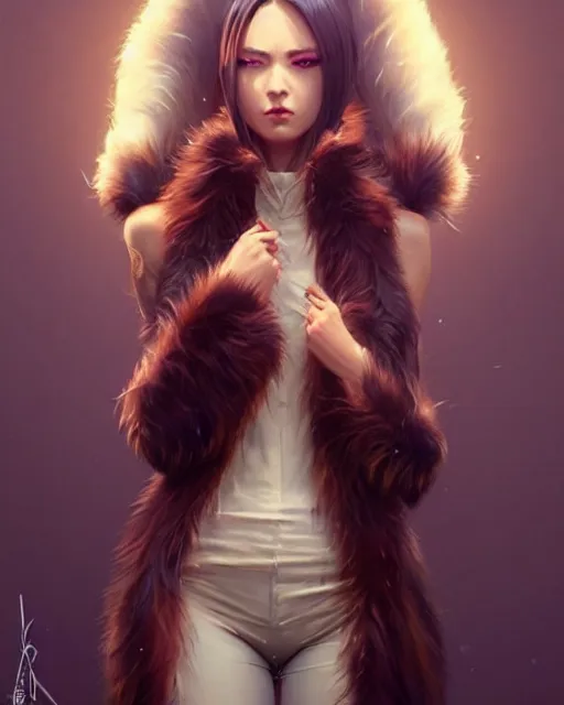 Prompt: fur - lined dragonhide jacket!!! beautiful and elegant female!! gorgeous ayes!! character concept art, sharp focus, illustration, artgerm!! greg rutkowski! wlop!! ilya kuvshinov!! marc brunet!! octane render! unreal engine 5! highly rendered!! trending on artstation!! cgi vfx!