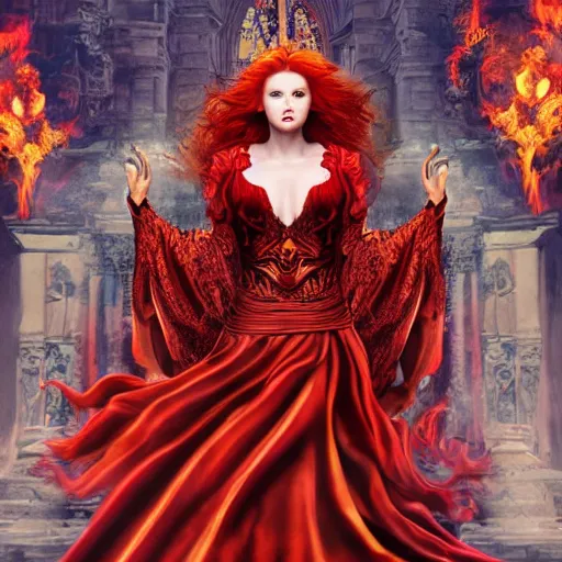 Image similar to Redhead Fire Priestess, wild hair, in a beautiful flowing red dress surrounded by flames, clothes, intricate hellish decoration on the dress, on the background of an ancient cathedral, Designer clothes, vouge photo, fashion style, fullbody, in full growth, intricate, elegant, highly detailed, artstation, concept art, smooth, sharp focus, illustration, art by greg rutkowski and orientalism and bouguereau and Zdzislaw Beksinski, good clear quality, lighting, biology, symmetrical artwork, perfect face, 135 mm, cinematic, hyper realism, high detail, octane render, 8k, chrome accents