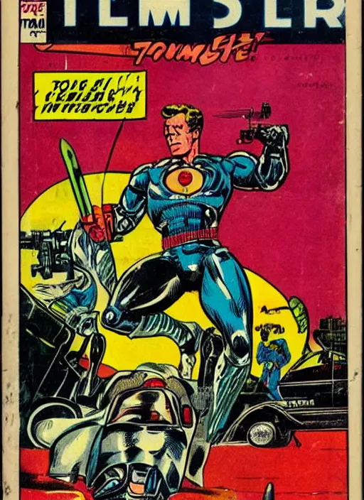Prompt: vintage comic book cover with terminator