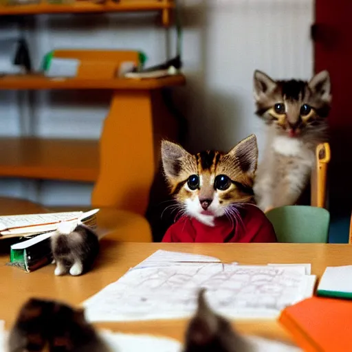 Image similar to anthropomorphic cute kittens sitting at their desks on the first day of kindergarten, medium shot by Wes Anderson