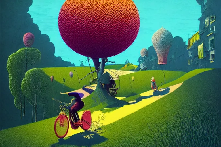 Prompt: surreal glimpse into other universe, riding beca malacca, summer morning, very coherent and colorful high contrast, art by!!!! gediminas pranckevicius!!!!, geof darrow, floralpunk screen printing woodblock, dark shadows, hard lighting, stipple brush technique,