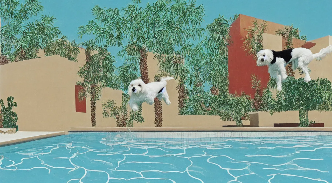 Image similar to medium shot of one cream colored havanese dog jumping from a diving board at a pool at a mid century modern house in palm springs by david hockney