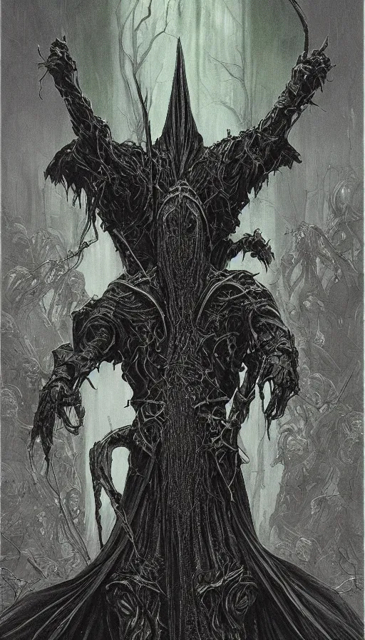 Image similar to Lord of the Rings themed painting of symmetrical torso black and emerald Ringwraith Nazgul armor with extended evil armored hands concept, intricate artwork by H.R. Giger, Johnatan Wayshak, Zdizslaw Beksinski, Ayami Kojima, Amano, Karol Bak, Moebius, and Mark Brooks, Neo-Gothic, gothic, rich deep colors, art by Takato Yamamoto, masterpiece, face by Artgerm, very coherent artwork, cinematic, hyper realism, high detail, octane render, unreal engine, 8k, High contrast, golden ratio, trending on cgsociety