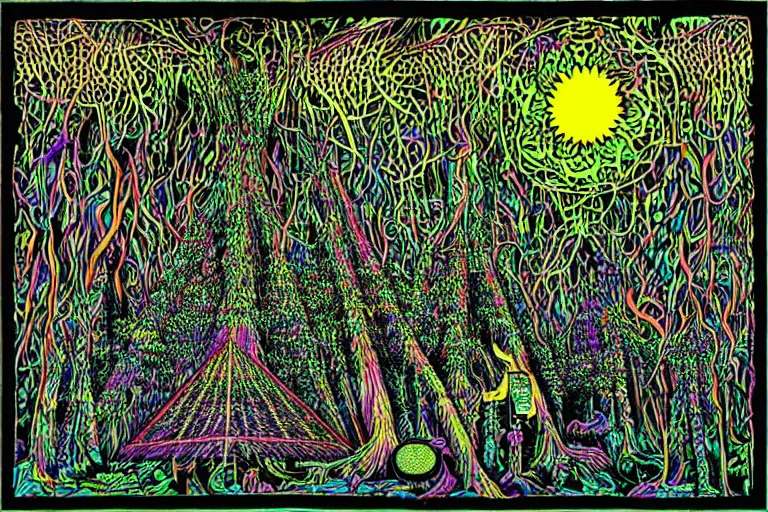 Prompt: modular synthesist in the forest, playing technology and nature in harmony, psychedelic concert poster, grainy, surrealist hand drawn by Frank Kozik, extremely detailed.