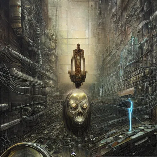 Prompt: Ghost in the machine by Tomasz Alen Kopera and salvator dali, cyberpunk, impressive perspective, masterpiece