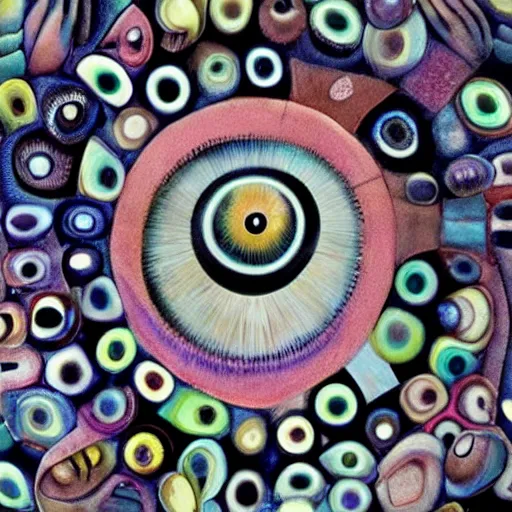 Image similar to A beautiful sculpture a large eye that is looking directly at the viewer. The eye is composed of a myriad of colors and patterns, and it is surrounded by smaller eyes. The smaller eyes appear to be in a state of hypnosis, and they are looking in different directions. Cinnabon by Gertrude Abercrombie random