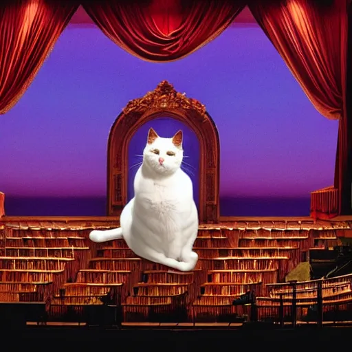 Image similar to opera house filled with audience watching an opera of a sad cat alone on the stage