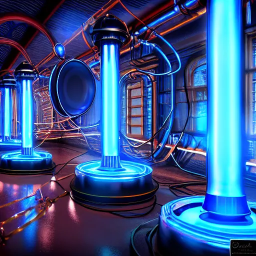 Prompt: photography of a hyper realistic tesla coils, highly detailed blue lighnings arround it. ancient steam punk laboratory background. high detail, professional digital art, unreal engine 5 8 k rendering, stunning, artstation