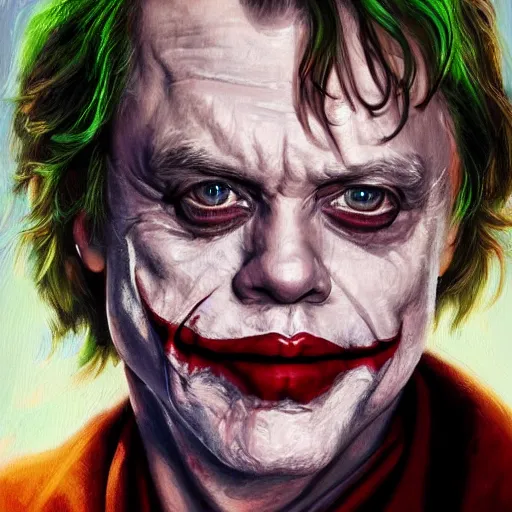 Image similar to oil painting portrait of mark hamill. the joker, jeri robes. artgerm, artstation, highly detailed, portrait