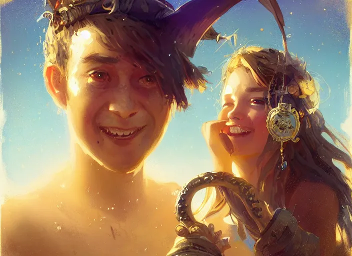 Image similar to full body picture of a pirate girl, looking at the treasure box, hard breathing, messy hair, very excited, smiling, sparkling eyes, magic and fantasy, whale monsters, beautiful and aesthetic and attractive and detailed face, specular reflection, occlusion shadow, intricate, bokeh, masterpiece, by ilya kuvshinov and jeremy lipking and quentin mabille