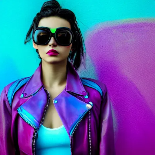 Image similar to closeup painting of a very beautiful young mexican cyberpunk woman with light blue shutter shades, purple leather jacket, synthwave