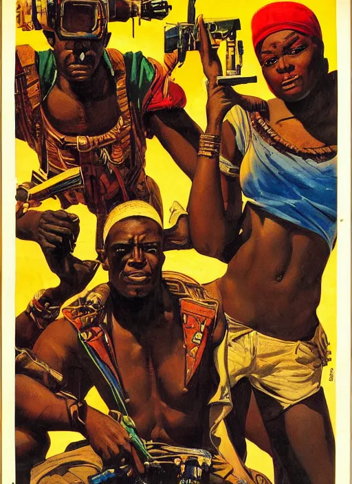Prompt: pan african propaganda poster. cyberpunk mercenary. portrait by jean giraud and anton otto fischer and john philip falter and will eisner and gil elvgren