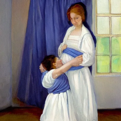 Image similar to a painting of a woman holding a child. The woman is wearing a white dress and has a blue scarf around her head. The child is a young girl, and she is also wearing a white dress. They are both standing in front of a window, and there is a curtain blowing in the wind. The colors in the painting are very soft and muted.