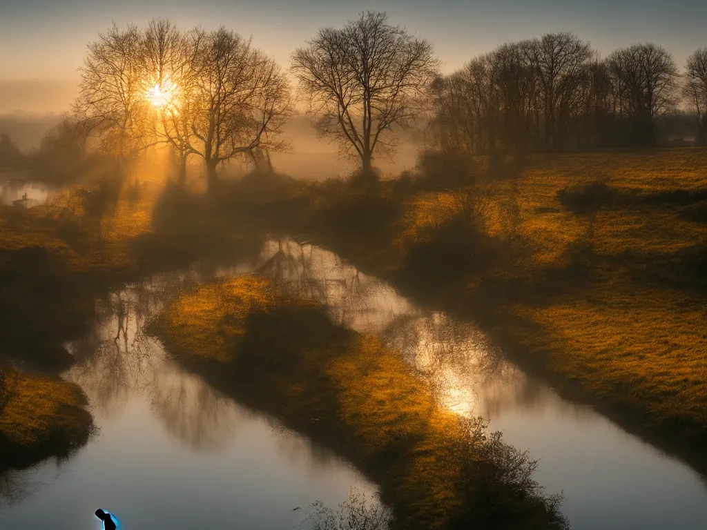 Image similar to A landscape photo taken by Kai Hornung of a river at dawn, misty, early morning sunlight, cold, chilly, two swans swim by, rural, English countryside