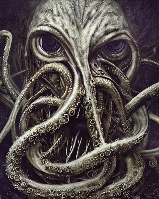 Image similar to gruesome creature with long tentacles and many eyes, endless eyes!, glowing eyes!, too many eyes!, midnight fog - mist!, dark oil painting colors, realism, cinematic lighting, various refining methods, micro macro autofocus, ultra definition, award winning photo, photograph by ghostwave - gammell - giger - shadowlord