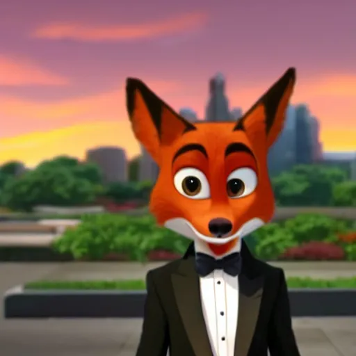 Prompt: nick wilde in a white tuxedo, standing in a city park at sunset, modern anime style, official anime still, studio trigger