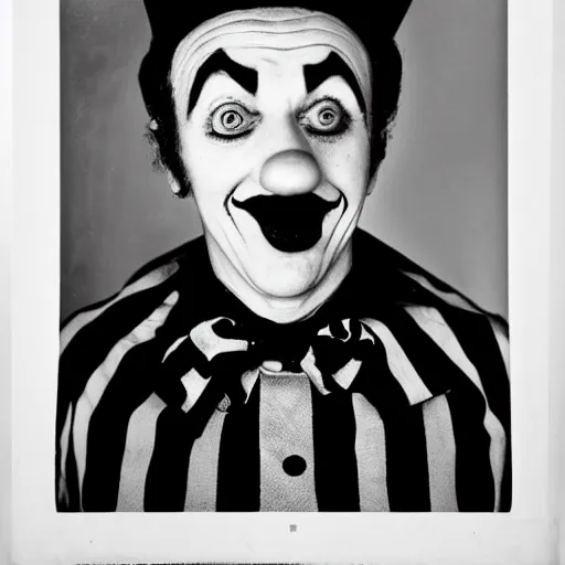 Prompt: portrait of a clown by Diane Arbus, 88mm, black and white photography