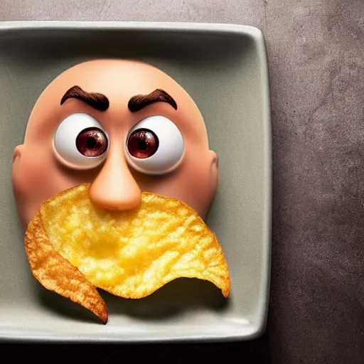 Image similar to photo of [ a single salted fried potato chip ] that looks like stephen fry as a pixar character hybrid intercross mix cinematic lighting