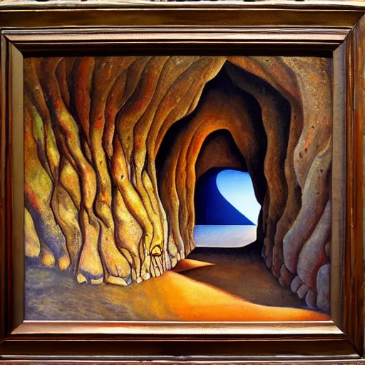 Image similar to journey in the cave, surrealist art, oil canvas
