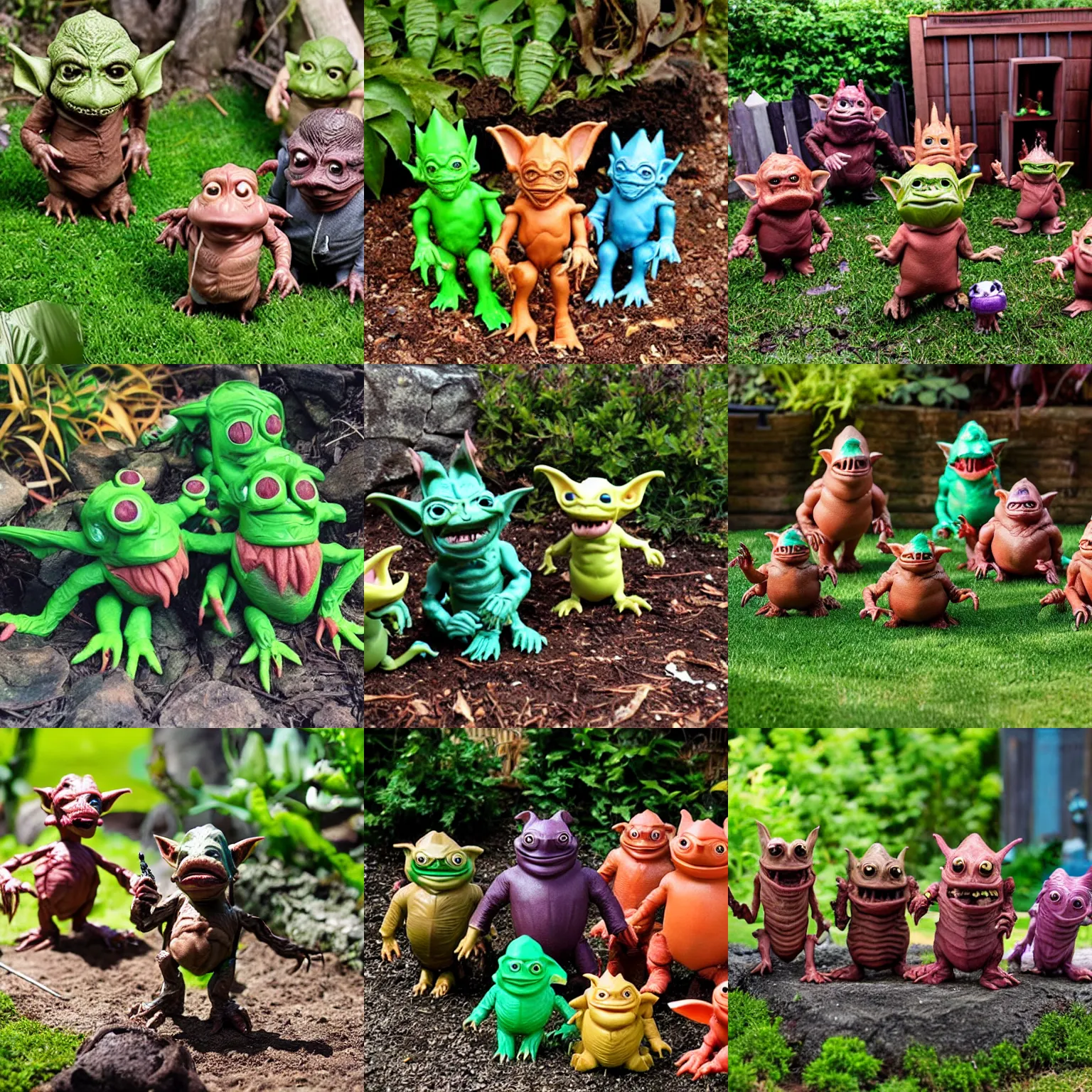 Prompt: disgusting brown Boglins, plastic goblin monster toys in a backyard garden