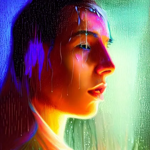 Image similar to bright asthetic portrait LSD glowing backlit rain on face and wet hair in strands, overhead lighting, fantasy, intricate, elegant, dramatic lighting, highly detailed, lifelike, photorealistic, digital painting, artstation, illustration, concept art, smooth, sharp focus, art by John Collier and Albert Aublet and Krenz Cushart and Artem Demura and Alphonse Mucha