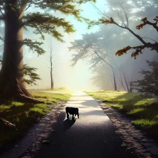 Image similar to cow excrement in the middle of the path, pinewoods, oaks, spring season, 4 k, morning light, concept art, by wlop, ilya kuvshinov, artgerm, krenz cushart, greg rutkowski, pixiv. cinematic dramatic atmosphere, sharp focus, volumetric lighting, cinematic lighting, studio quality