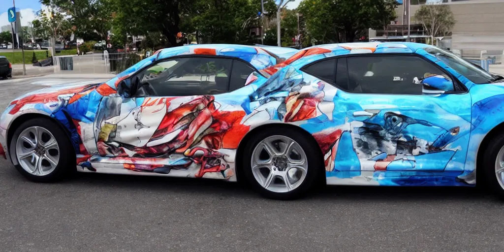 Image similar to side shot, anime car wrap, muscular Bernie sanders