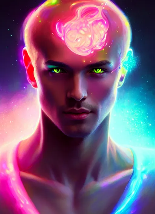 Image similar to a male faceless glowing liquefied stardust adventurer, dnd fantasy character, full body portrait, glowing neon skin, magical aura, ultra realistic, intricate, elegant, highly detailed, digital painting, artstation, smooth, sharp, focus, illustration, art by artgerm and greg rutkowski and alphonse mucha