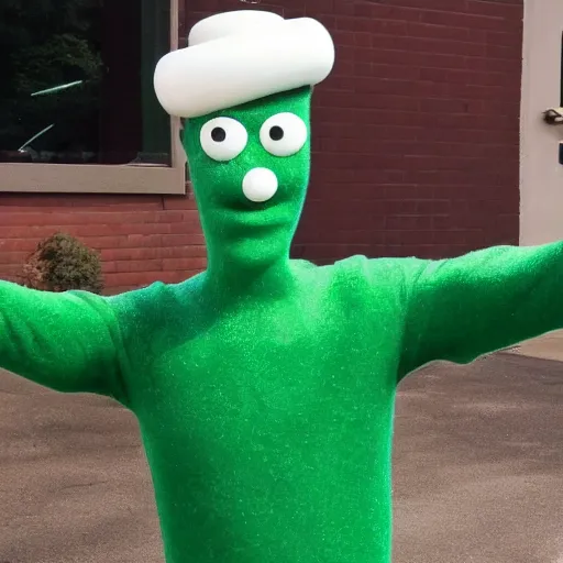 Image similar to photo of gumby as a real human with smooth shiny skin