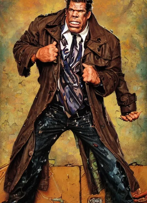 Image similar to full body and head portrait of huge ron perlman rich piana hybrid in tattered suit and trench coat, dynamic action, painted by norman rockwell and phil hale and greg staples and tom lovell and frank schoonover and jack kirby