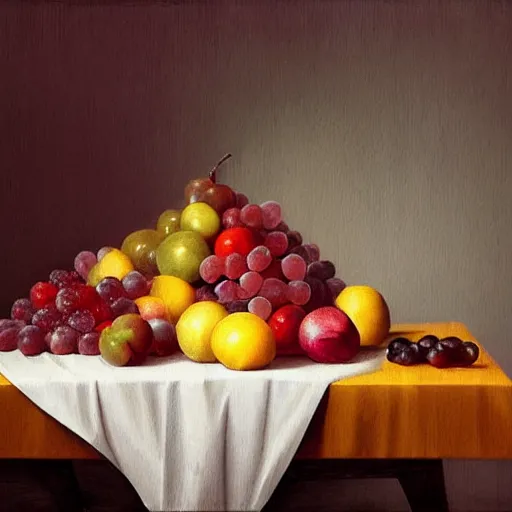 Image similar to melancholic, defined by marek okon. a still life of fruit on a table. the fruit is arranged in a pyramid shape, with the largest pieces of fruit at the bottom & the smallest pieces of fruit at the top. the colors are bright & the illustration has a lot of texture.