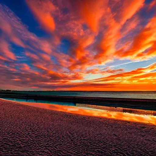 Prompt: Colored photo of a sandy beach along a bright river, deserted city in background, beautiful lighting, wide lens shot, 30mm, bright colors