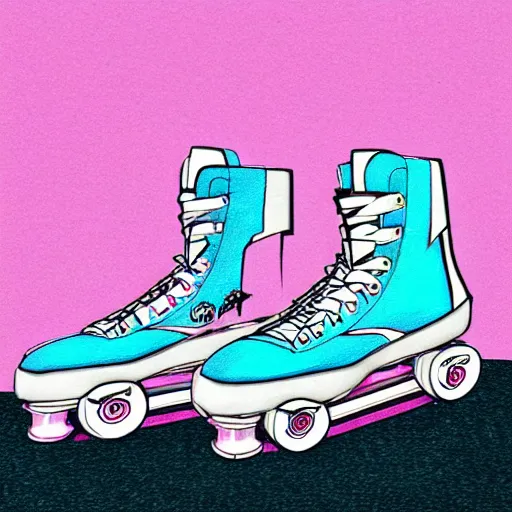 Image similar to a drawing of a pair of white retro! roller skates with dragon embroidery and cyan wheels on a pedestal!! in an empty white room, trending on artstation, carpenter brut, synthwave, pink lightning, neon!! light