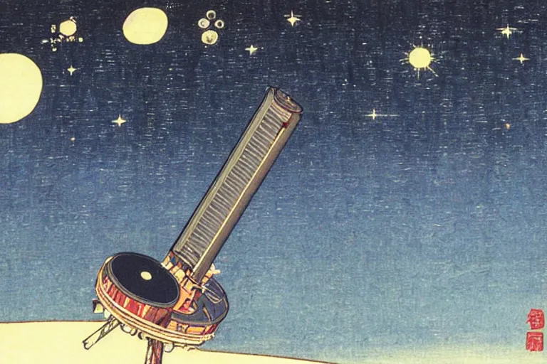 Image similar to space telescope in space, the earth and stars in background ， by hiroshige utakawa