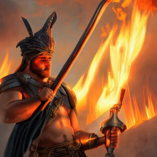 Image similar to Full metal greek god of smithing holding the hammer of creation setting the city of the gods on fire, cinematic lighting, high quality 8k hd, oil on canvas, hyperralistic art